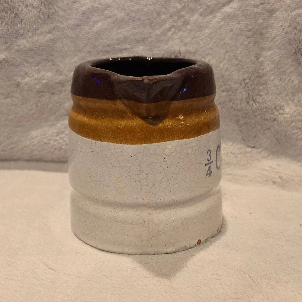 Vintage Stoneware 3/4 Cup Measuring Pitcher Creamer Brown Tan Cream Farmhouse